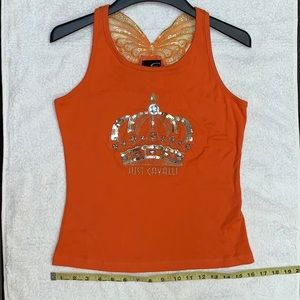 Cavalli Orange Bling Cotton Tank Top L
